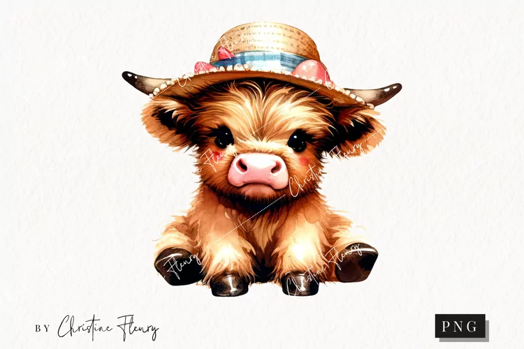 Sun Hat Highland Cow PNG | Summer PNG
