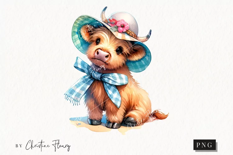 Highland Cow with Sun Hat PNG | Summer PNG