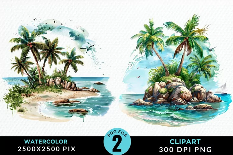 Watercolor Summer Tropical Island Clipart