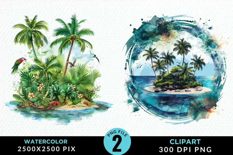Watercolor Summer Tropical Island Clipart
