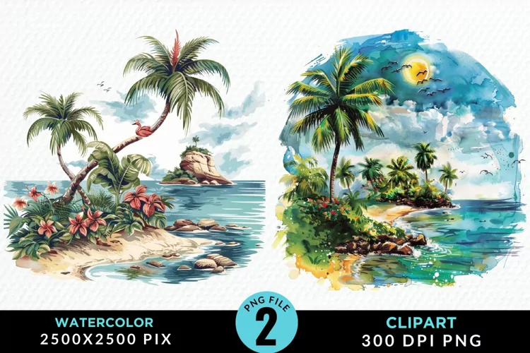 Watercolor Summer Tropical Island Clipart