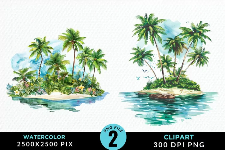 Watercolor Summer Tropical Island Clipart