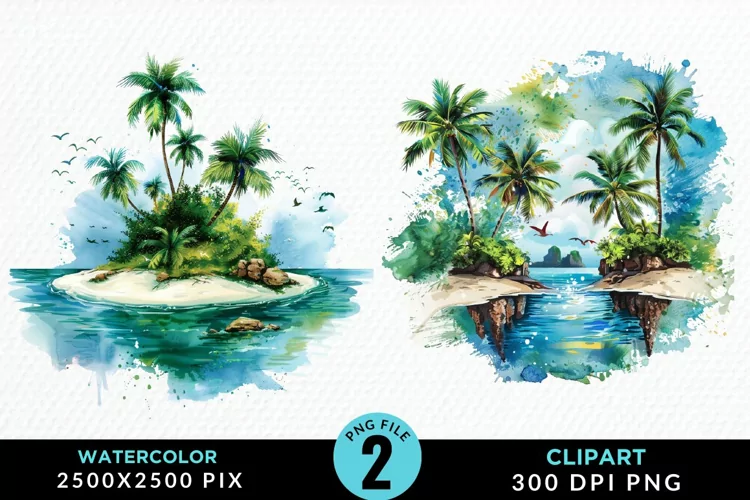 Watercolor Summer Tropical Island Clipart