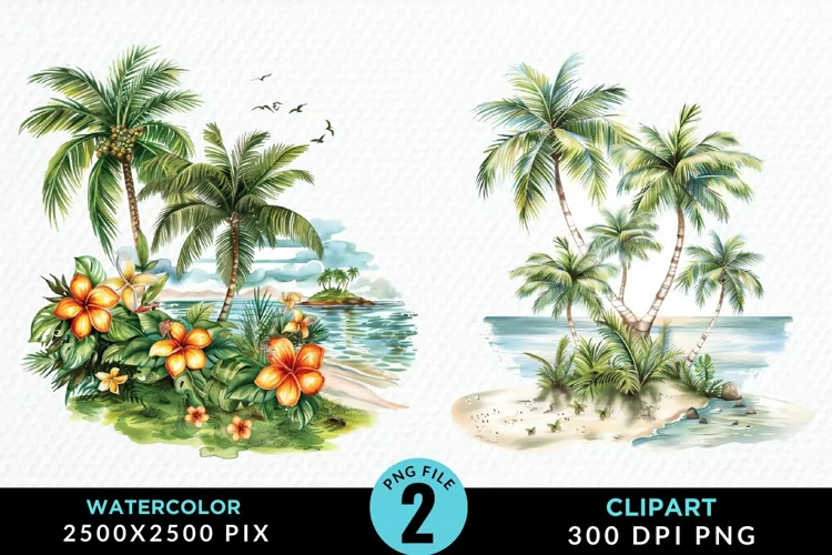 Watercolor Summer Tropical Island Clipart