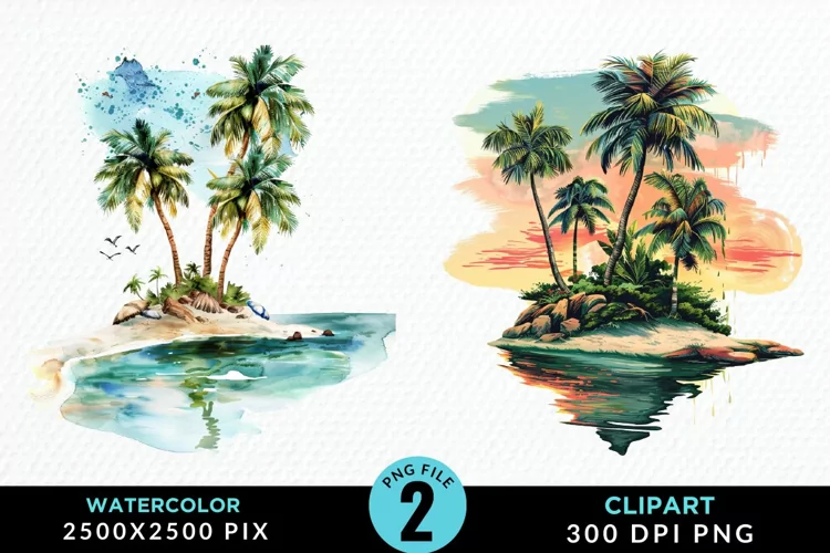 Watercolor Summer Tropical Island Clipart