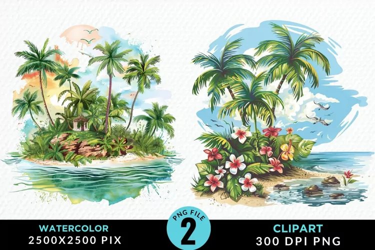 Watercolor Summer Tropical Island Clipart