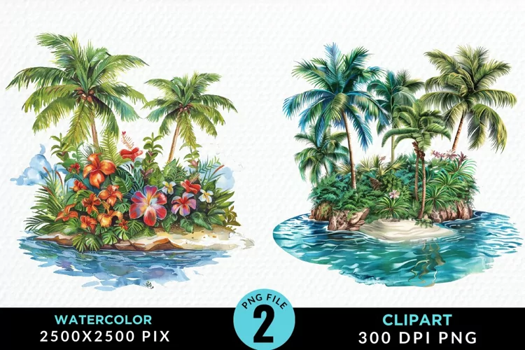 Watercolor Summer Tropical Island Clipart