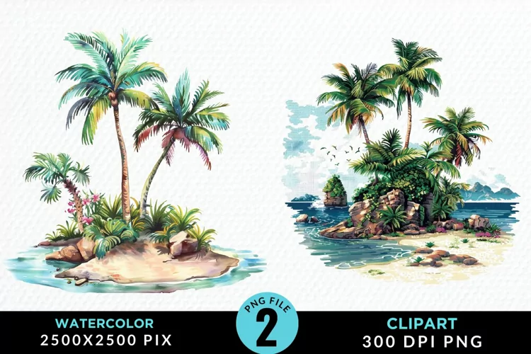 Watercolor Summer Tropical Island Clipart