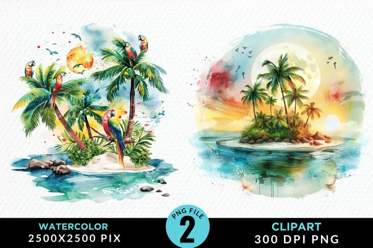 Watercolor Summer Tropical Island Clipart