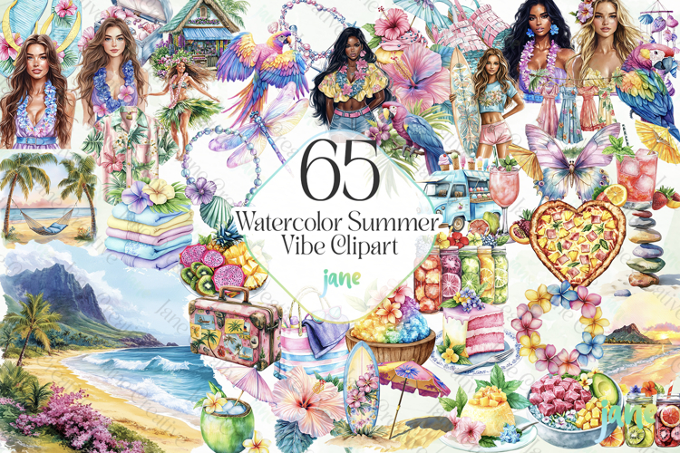 Watercolor Summer Vibe Clipart example image 1