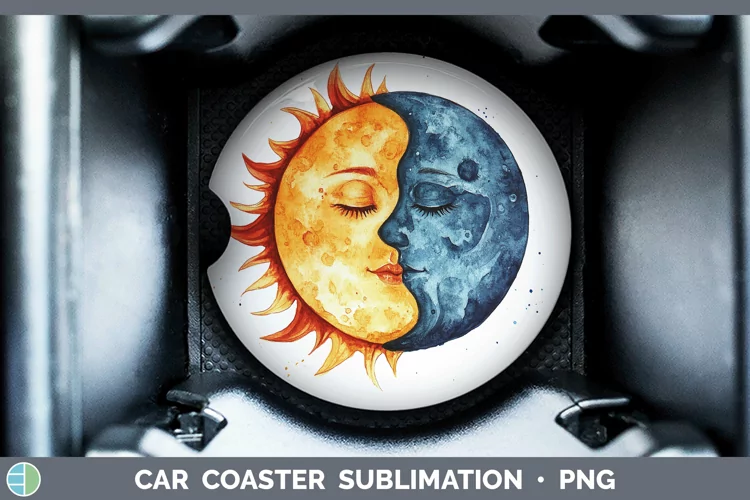 Watercolor Sun and Moon Car Coaster Sublimation Designs
