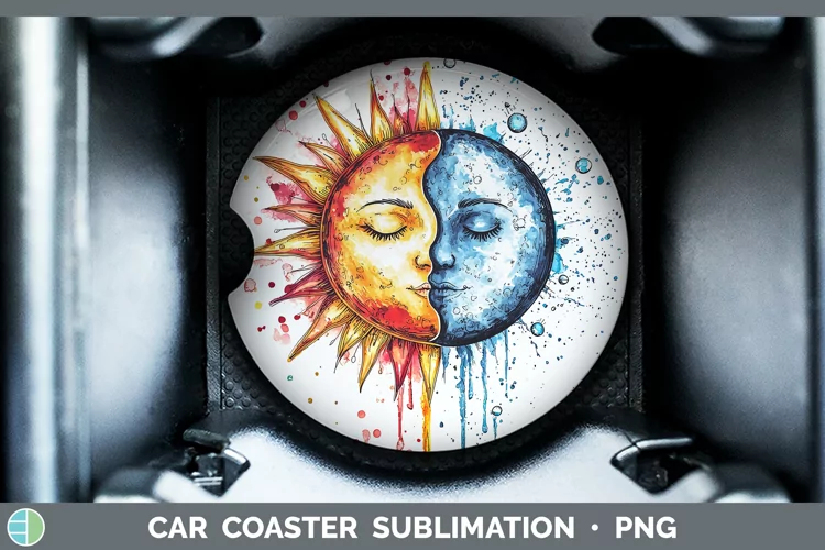 Watercolor Sun and Moon Car Coaster Sublimation Designs