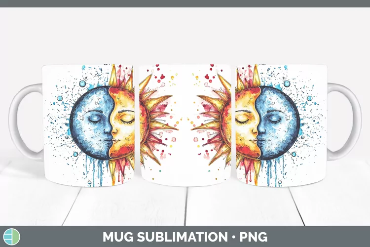 Watercolor Sun and Moon Mug Wrap Sublimation Coffee Cup Desi