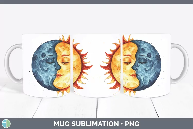 Watercolor Sun and Moon Mug Wrap Sublimation Coffee Cup Desi