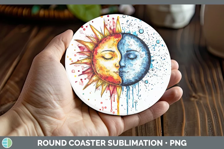 Watercolor Sun and Moon Round Coaster Sublimation Coaster De