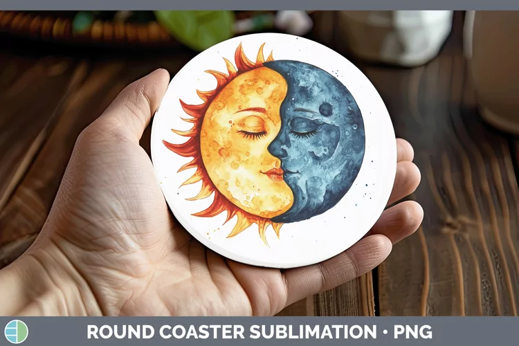 Watercolor Sun and Moon Round Coaster Sublimation Coaster De