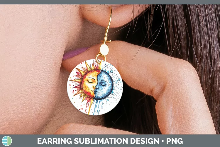 Watercolor Sun and Moon Round Earrings Sublimation Earrings