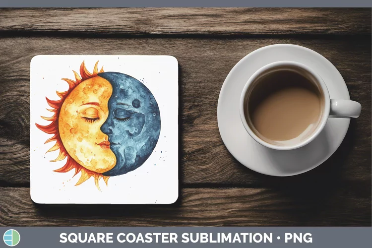 Watercolor Sun and Moon Square Coaster Sublimation Coaster D