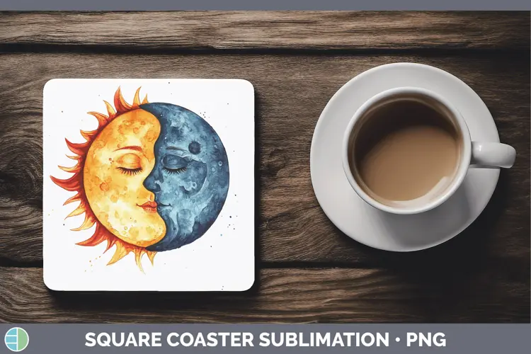 Watercolor Sun and Moon Square Coaster Sublimation Coaster D