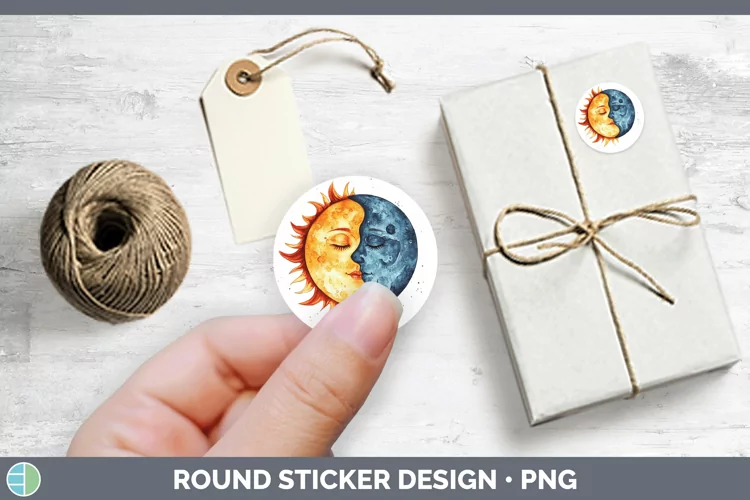 Watercolor Sun and Moon Stickers | Round Labels Designs