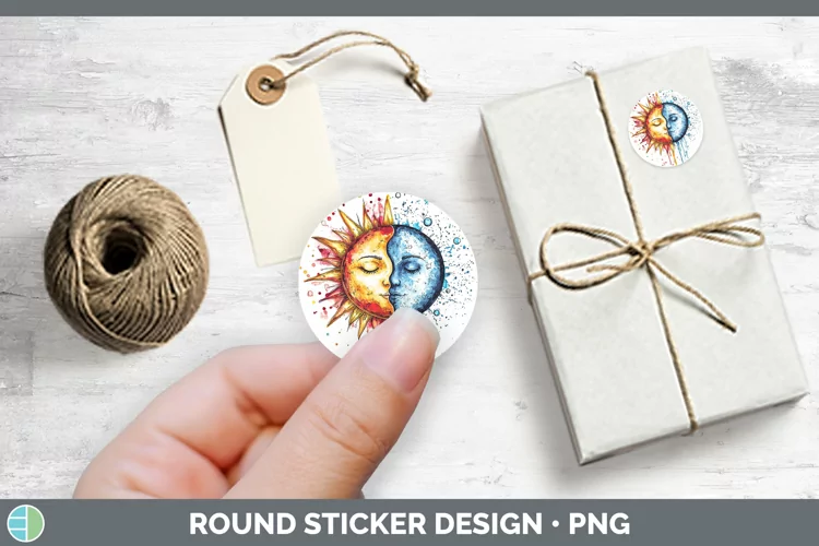 Watercolor Sun and Moon Stickers | Round Labels Designs