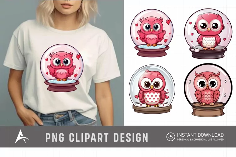 Watercolor Valentine's Owls in Water Globe Clipart