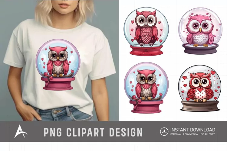 Watercolor Valentine's Owls in Water Globe Clipart