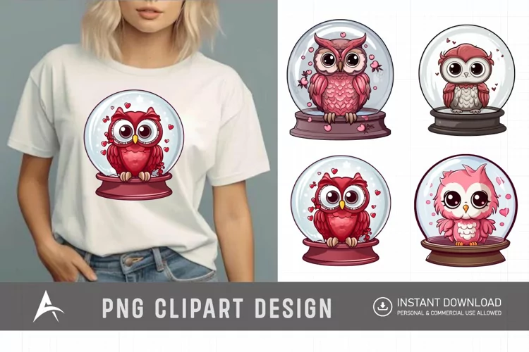 Watercolor Valentine's Owls in Water Globe Clipart