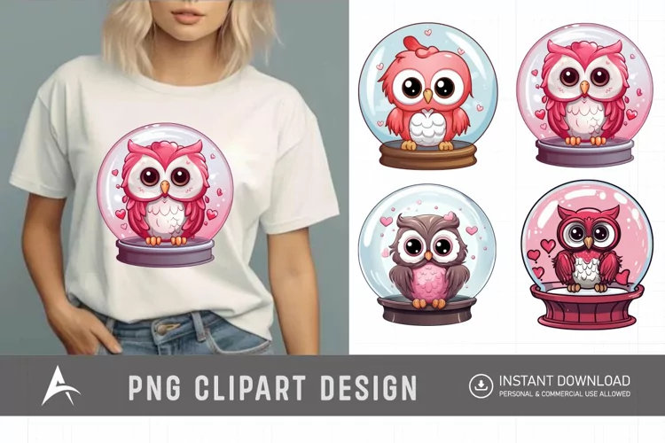 Watercolor Valentine's Owls in Water Globe Clipart
