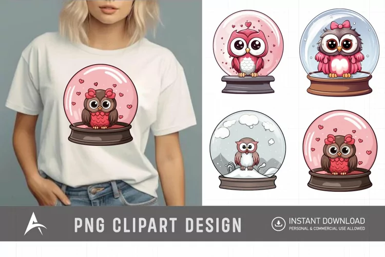 Watercolor Valentine's Owls in Water Globe Clipart