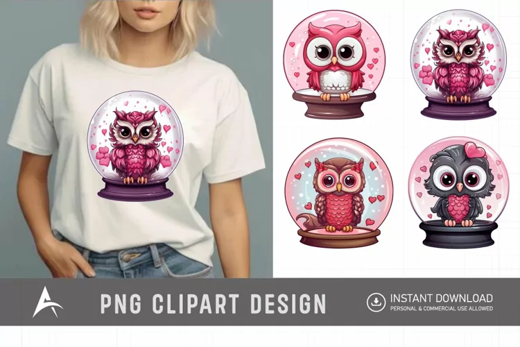 Watercolor Valentine's Owls in Water Globe Clipart
