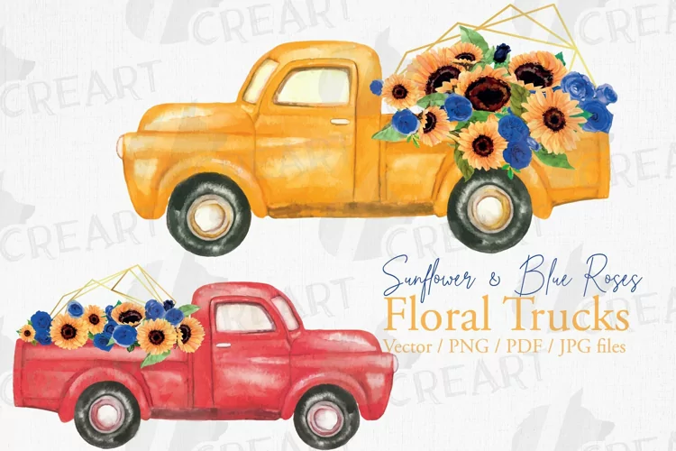 sunflower & blue roses floral watercolor flower pickup truck
