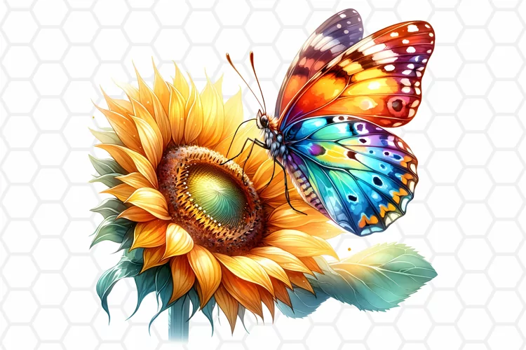 Watercolor Sunflower and Butterfly Clipart, Sublimation PNG