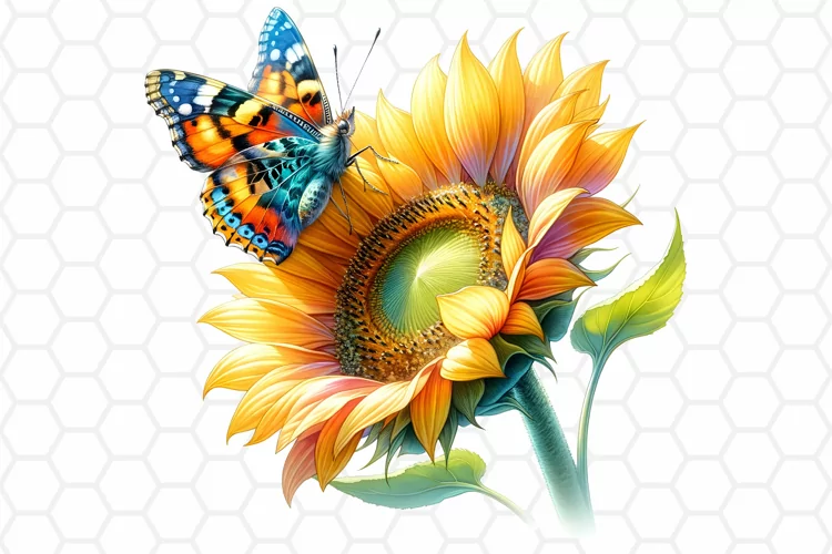 Watercolor Sunflower and Butterfly Clipart, Sublimation PNG