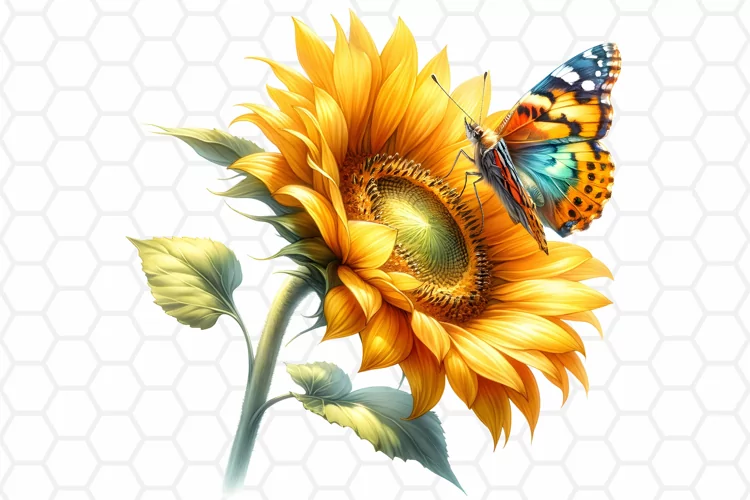 Watercolor Sunflower and Butterfly Clipart, Sublimation PNG
