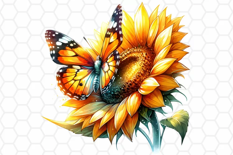 Watercolor Sunflower and Butterfly Clipart, Sublimation PNG