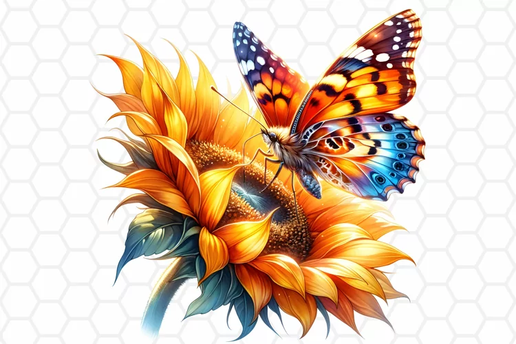 Watercolor Sunflower and Butterfly Clipart, Sublimation PNG
