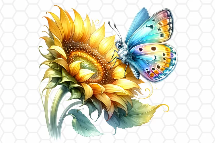 Watercolor Sunflower and Butterfly Clipart, Sublimation PNG