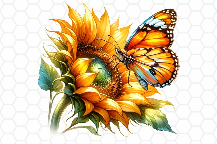 Watercolor Sunflower and Butterfly Clipart, Sublimation PNG