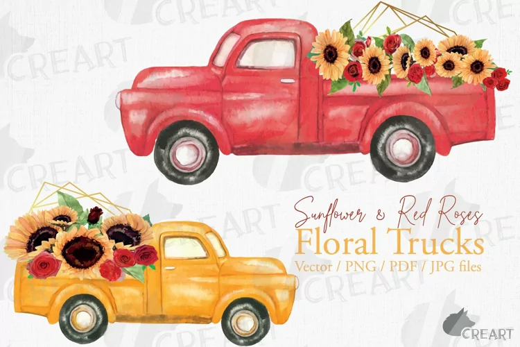 Watercolor sunflower & red roses floral pick up trucks decor