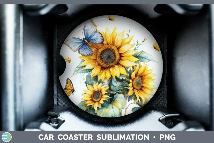 Watercolor Sunflower Car Coaster Sublimation Designs