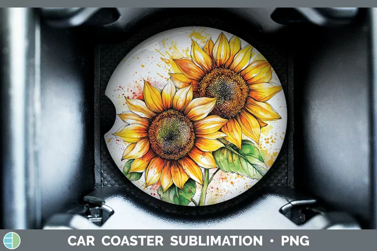 Watercolor Sunflower Car Coaster Sublimation Designs