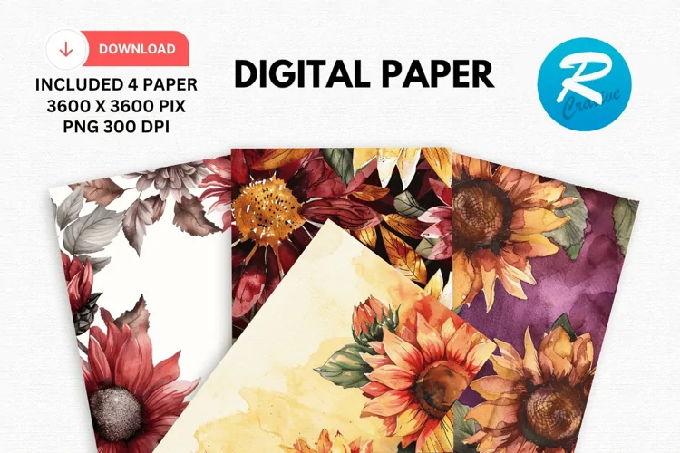 Watercolor Sunflower Digital Paper, Sunflower Background