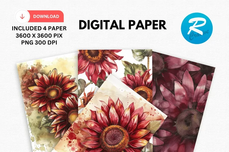 Watercolor Sunflower Digital Paper, Sunflower Background