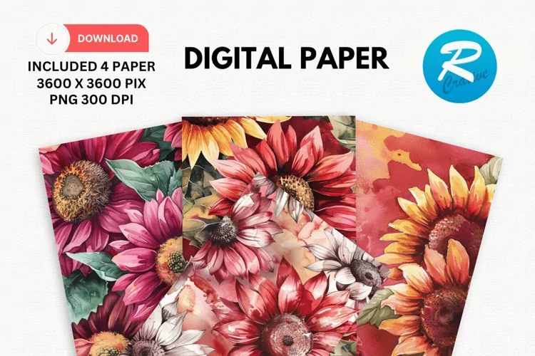 Watercolor Sunflower Digital Paper, Sunflower Background