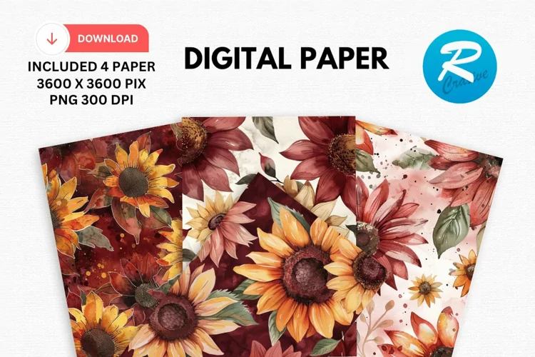 Watercolor Sunflower Digital Paper, Sunflower Background