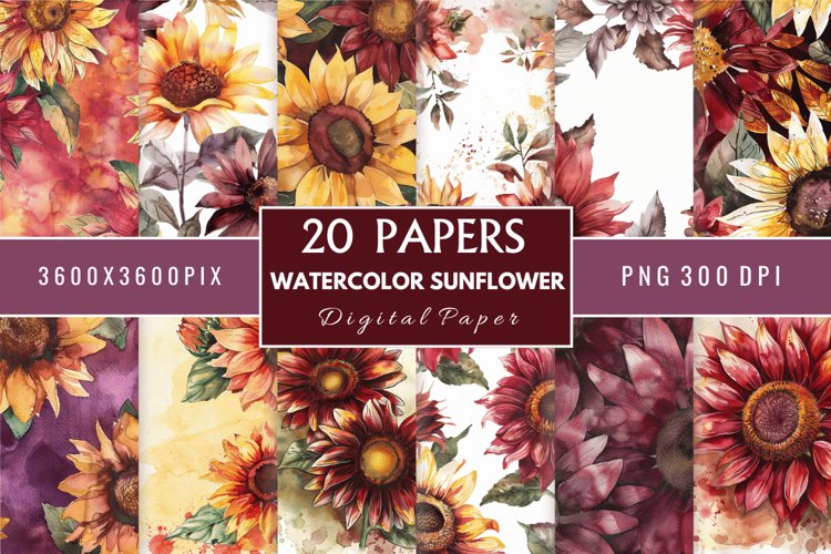 Watercolor Sunflower Digital Paper Bundle