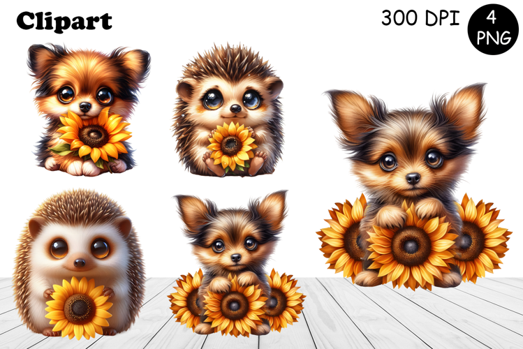 Cute Watercolor Sunflower Dog and hedgehog Clipart