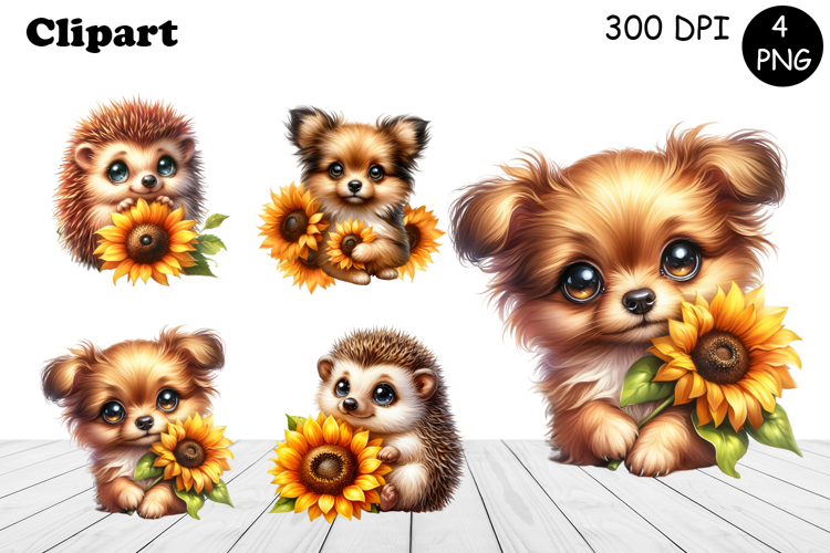 Cute Watercolor Sunflower Dog and hedgehog Clipart