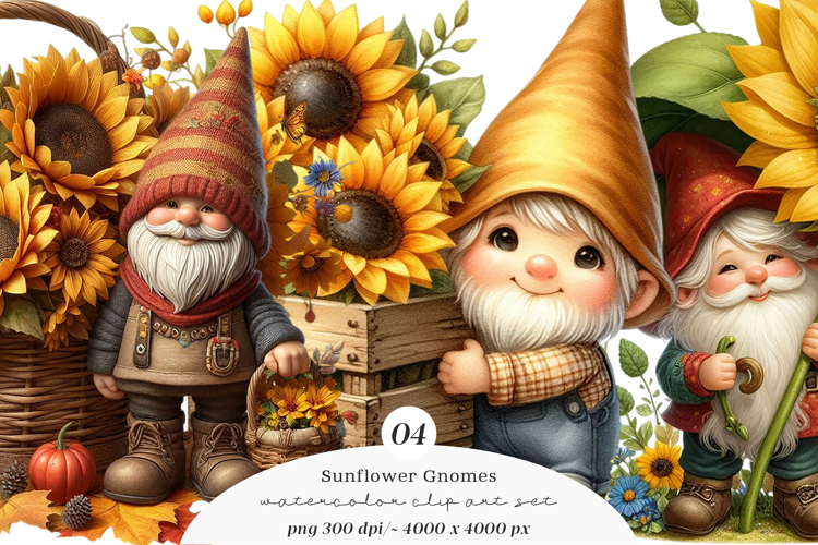 Watercolor Sunflower Gnomes Collection Clipart